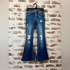Kancan Flare Jeans Low Rise Distressed Button Fly Medium Wash Size 24